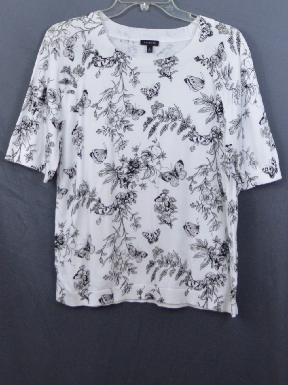 Talbots Short Sleeve Knit Top Butterfly Floral Black White Size Large
